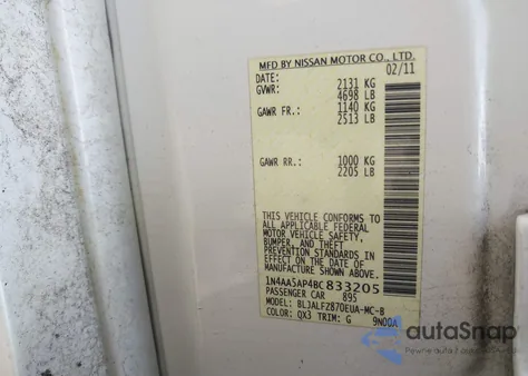 2011 Nissan Maxima 3.5 Sv from USA, damaged, VIN 1N4AA5AP4BC833205